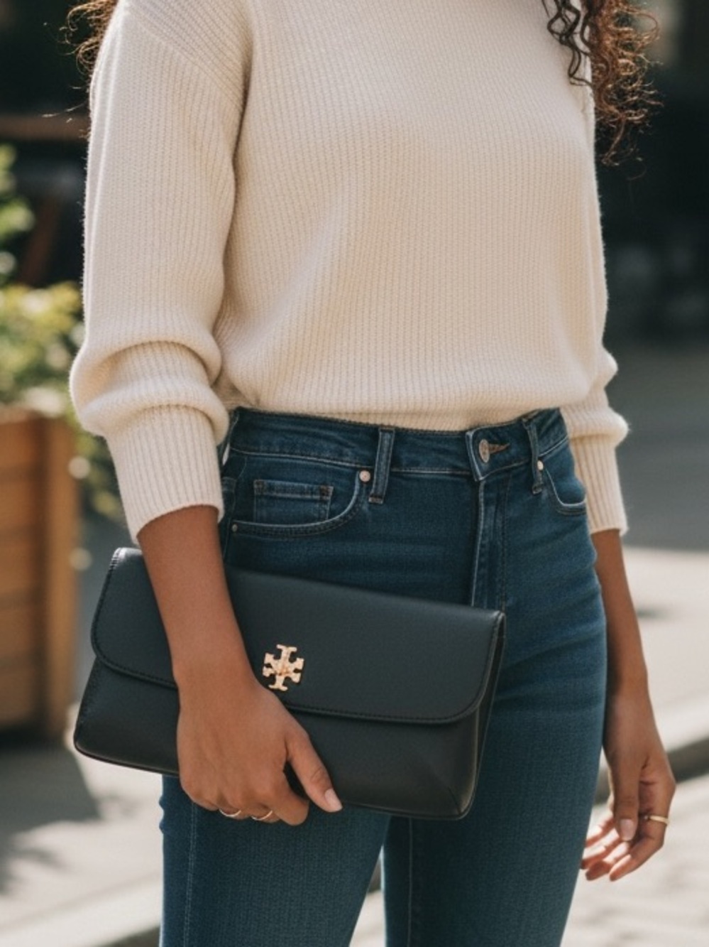 Tory Burch Black Leather Clutch with Gold Logo